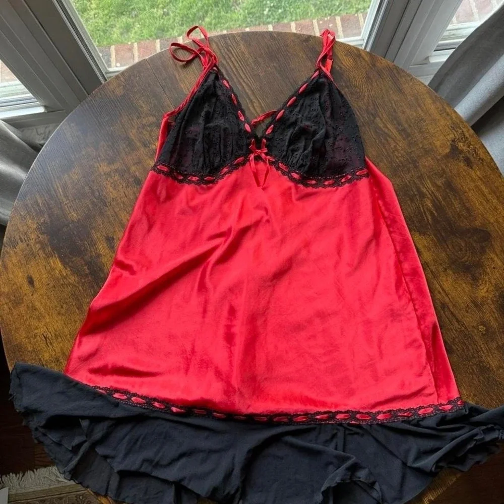 Cacique Women's Babydoll Lingerie Red Black Lace Size 14/16